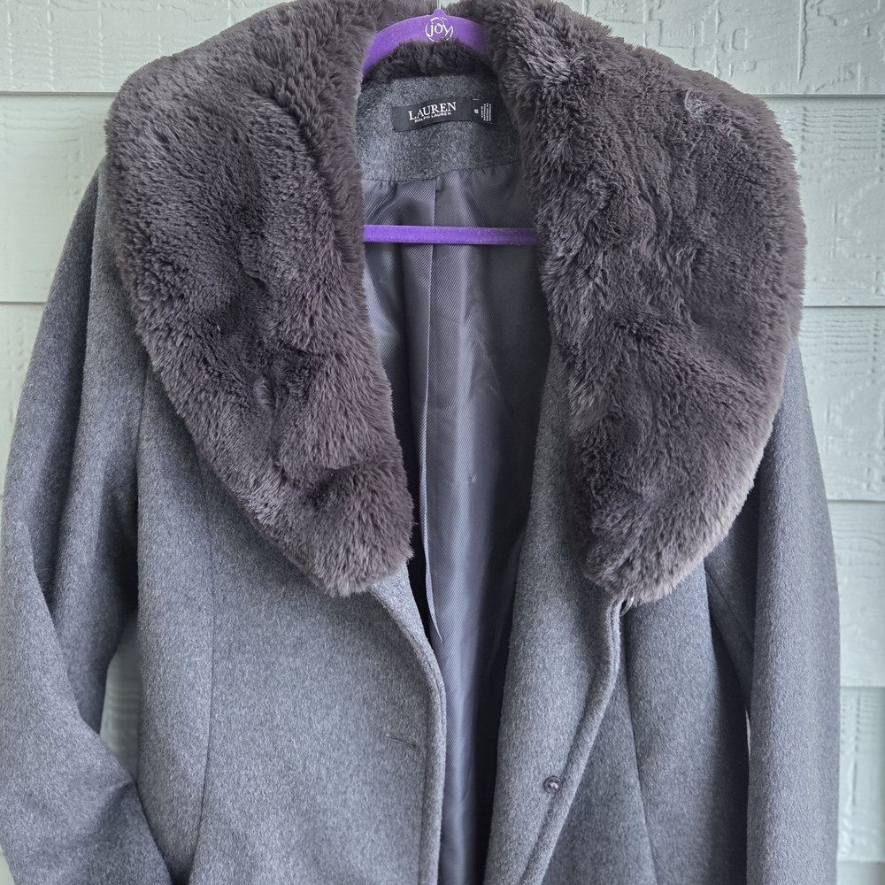 NWOT Ralph Lauren Gray Faux Fur Collar Coat